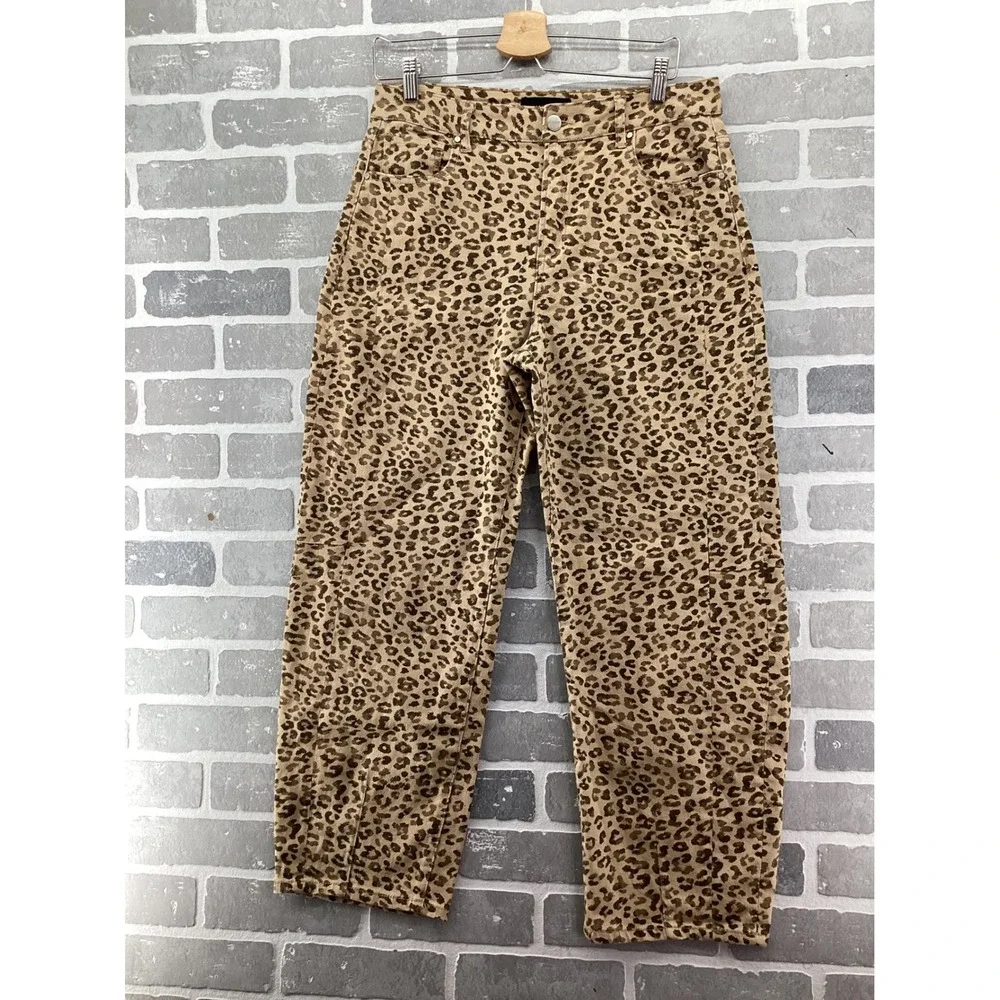 Risen Slouchy Cropped Leopard Barrel Jeans Size 9/29 Tan Brown PGC21146